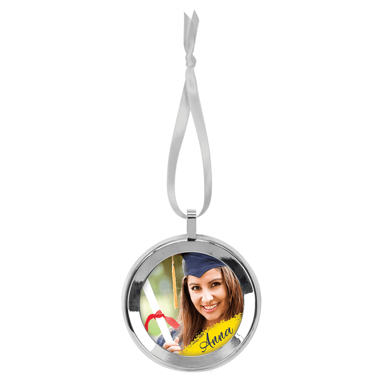 Round Full Color Metal Ornament with White Ribbon
