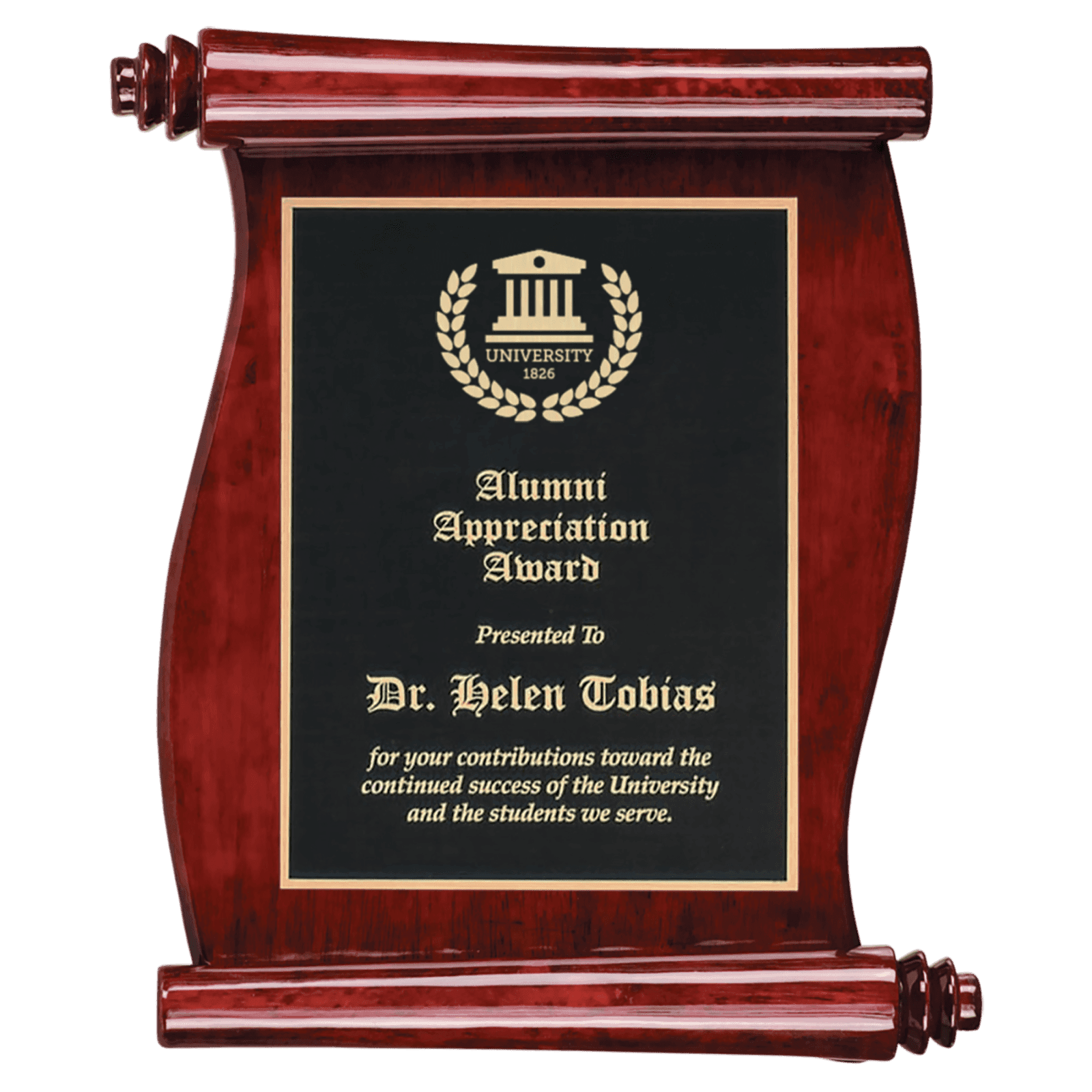 10 1/2" x 14" Rosewood Finish Scroll Plaque with Black Plate