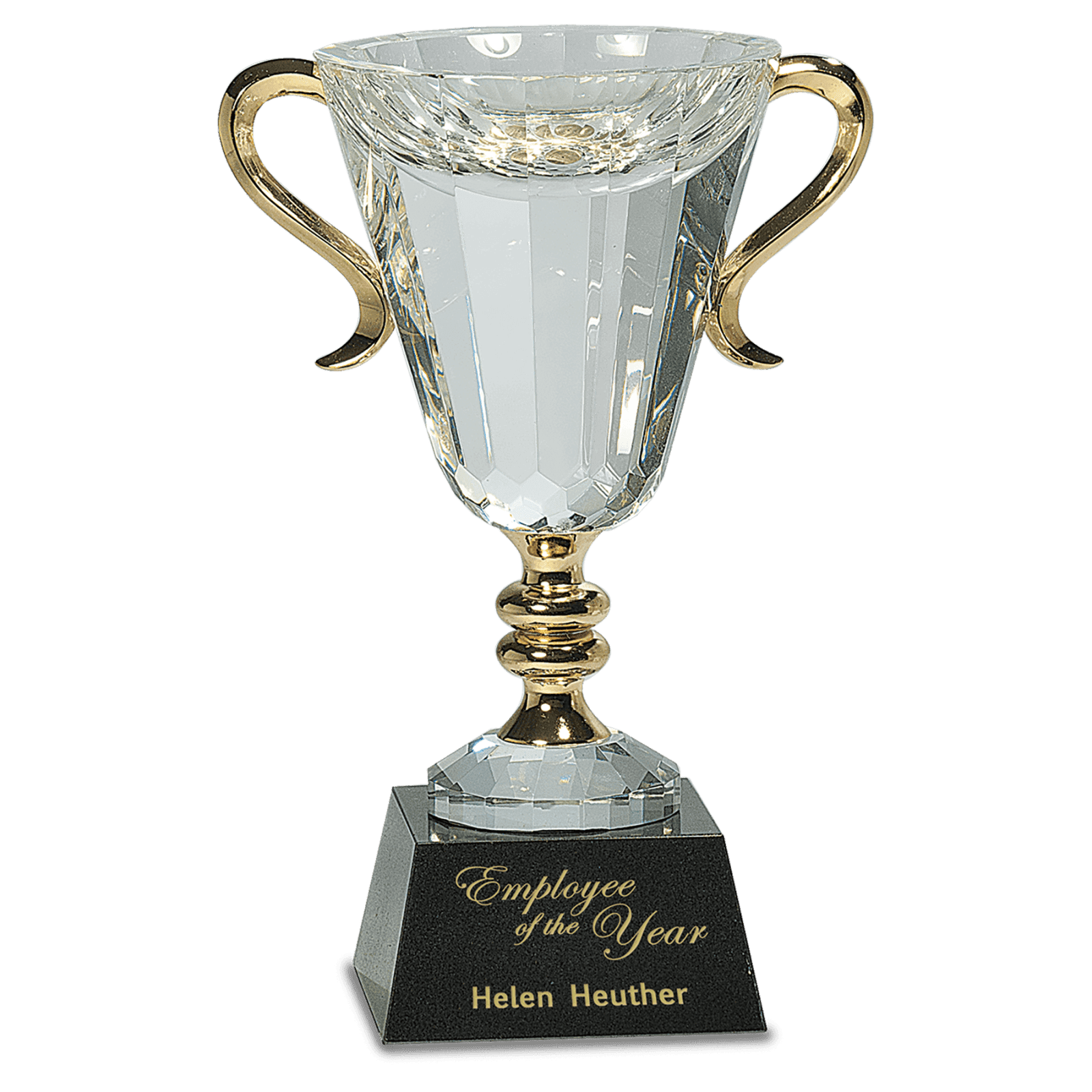 10" Crystal Cup with Gold Metal Handles on Solid Marble Base