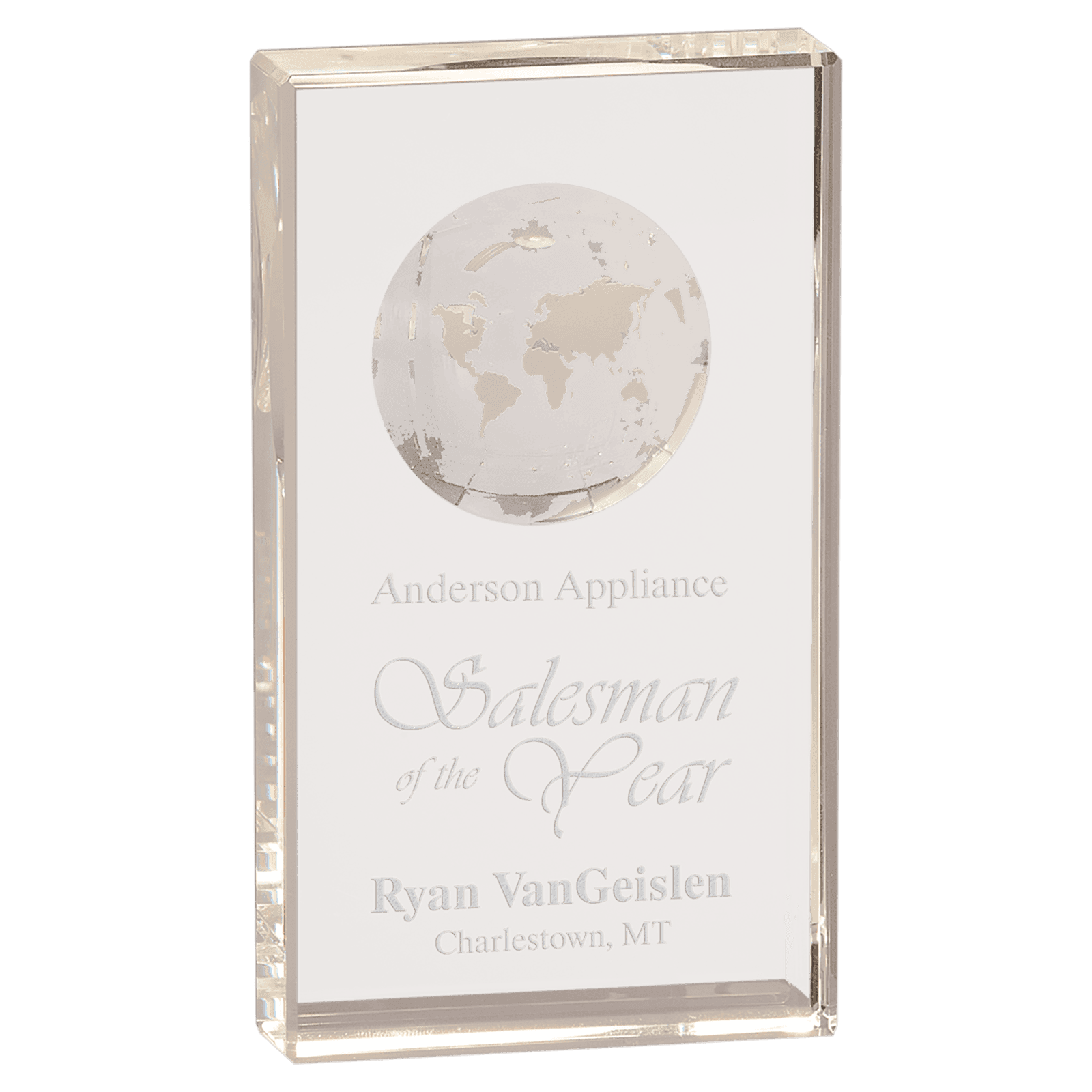 7" Crystal Rectangle with Etched Globe