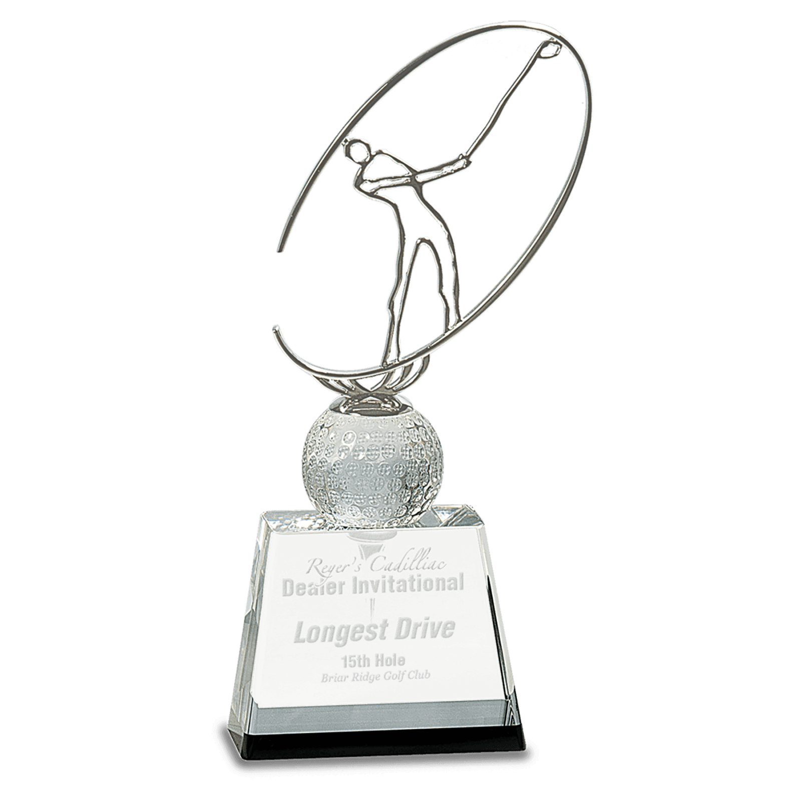 10" Silver Metal Golfer Silhouette on a Crystal Golf Ball & Base