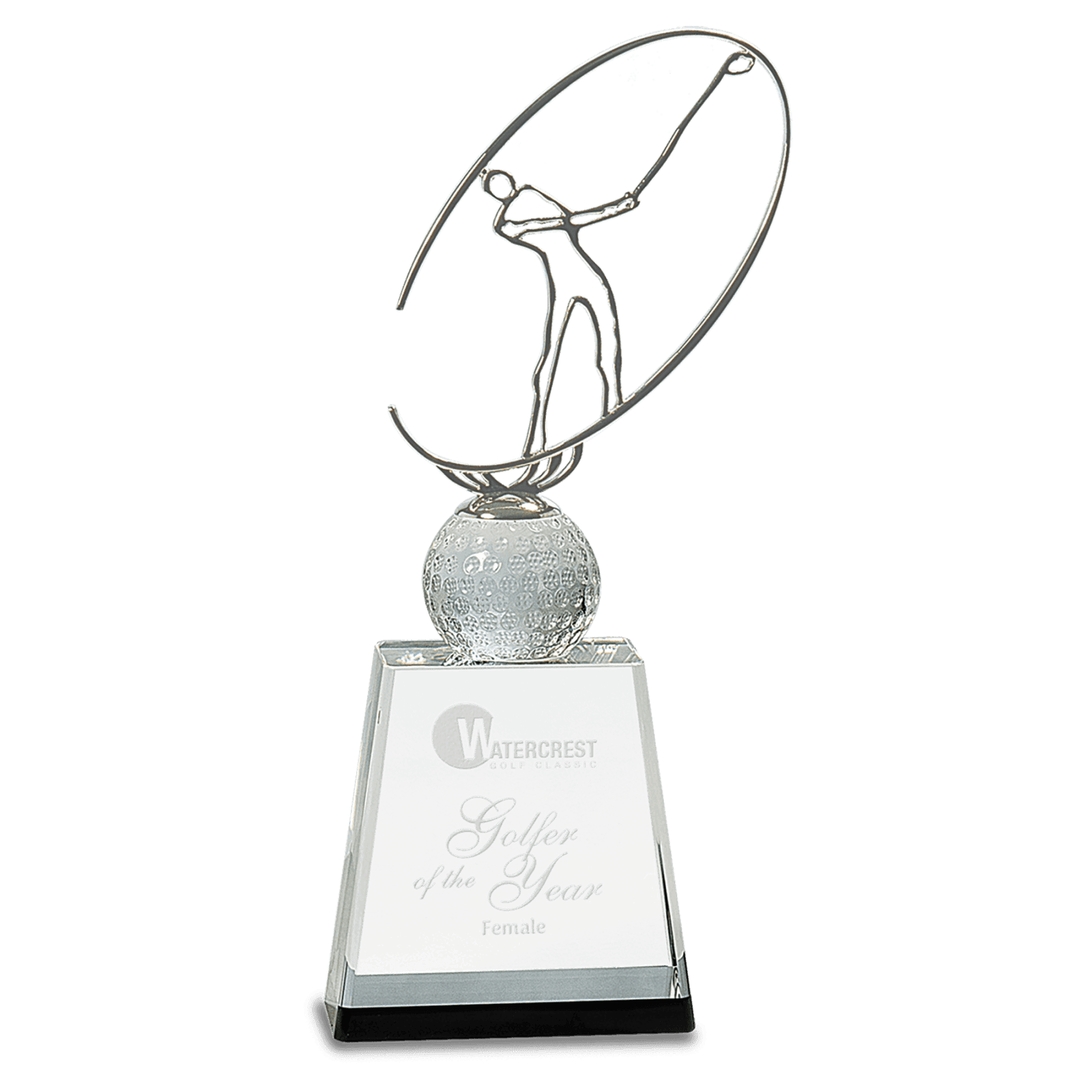 11" Silver Metal Golfer Silhouette on a Crystal Golf Ball & Base