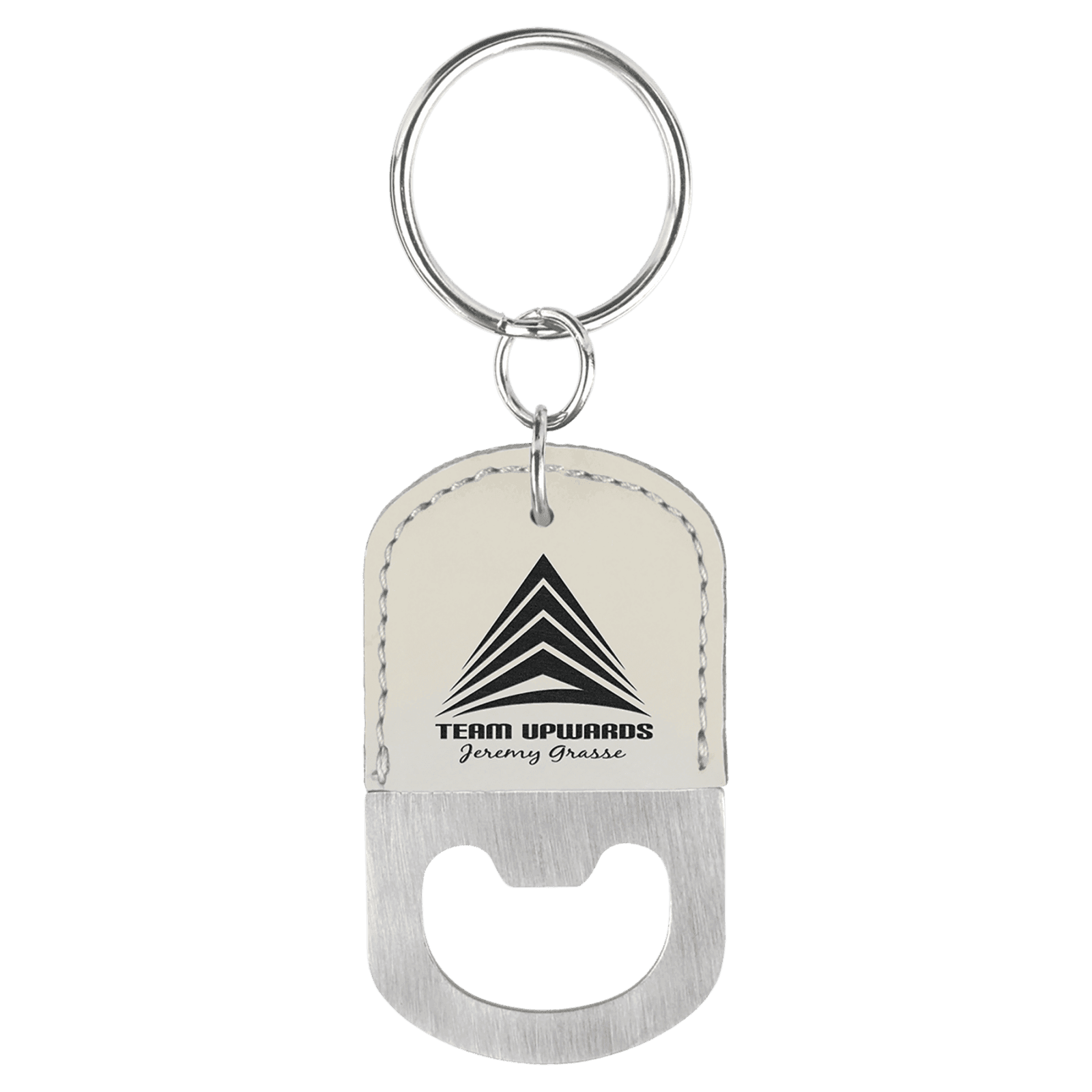 White Leatherette Oval Bottle Opener with Keychain