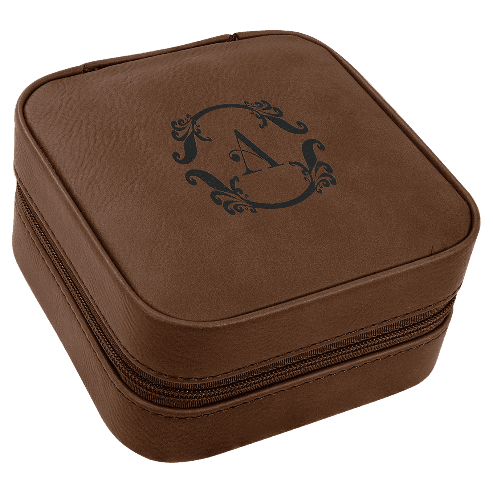 Dark Brown Lasered Leatherette Travel Jewelry Box with Black Lining