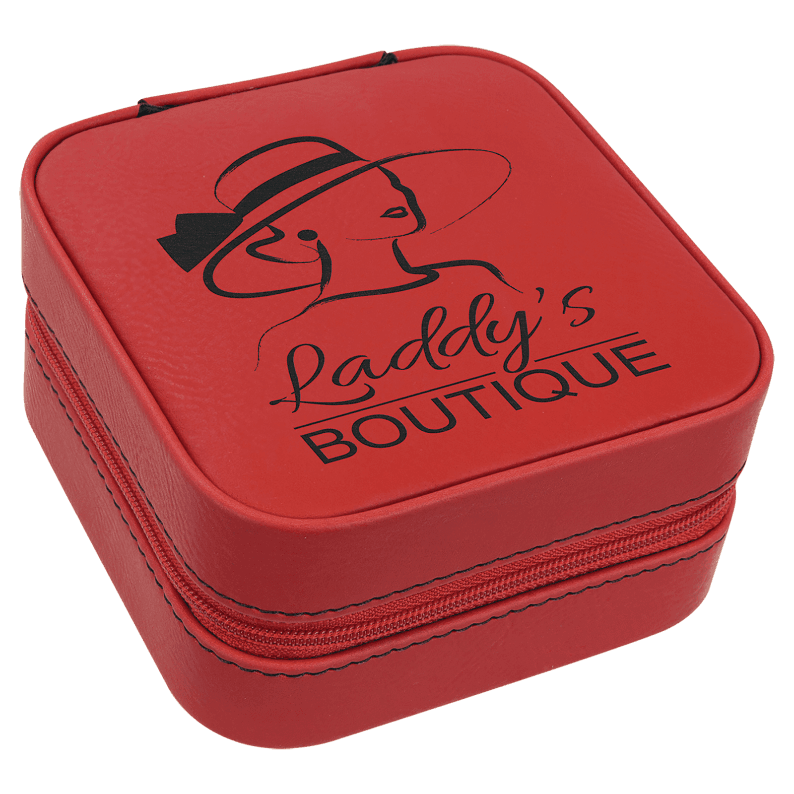 Red Lasered Leatherette Travel Jewelry Box with Black Lining