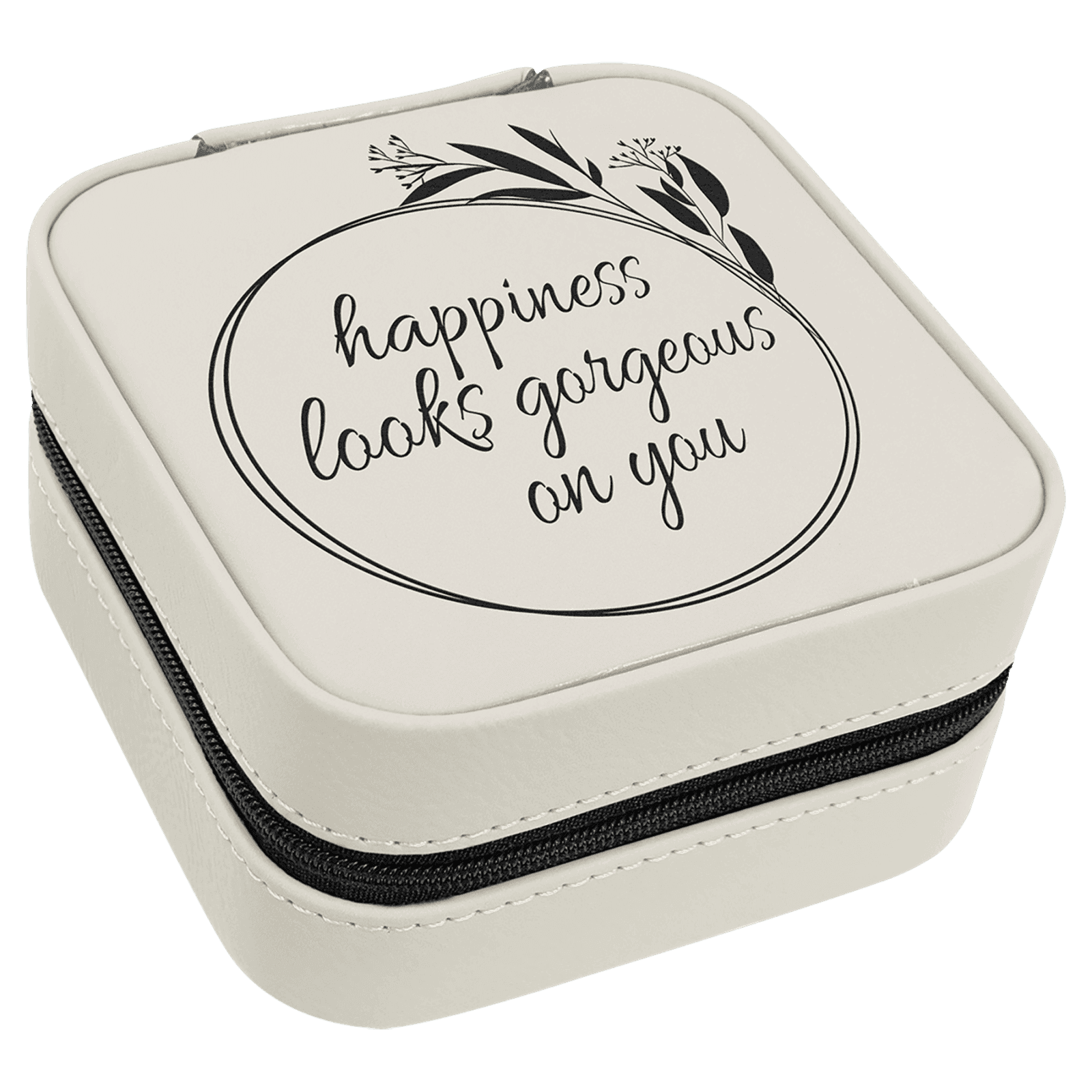 White Lasered Leatherette Travel Jewelry Box with Black Lining