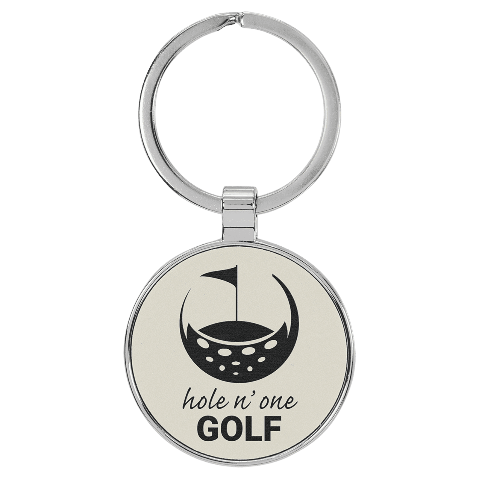 White Leatherette Round Keychain with Metal Frame