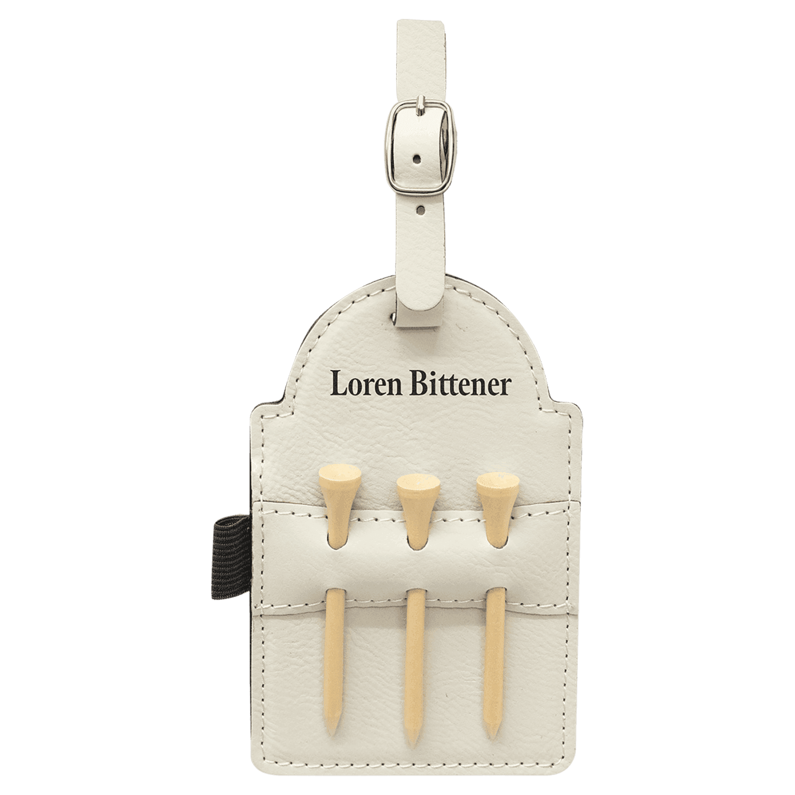White Leatherette Golf Bag Tag with Wooden Tees
