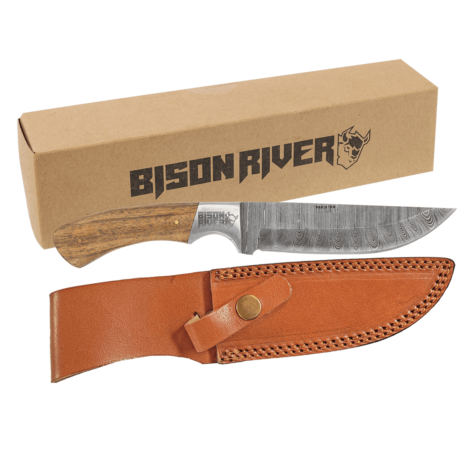 Fixed Blade Wood Handle Knife with Damascus Steel Blade and Leather Sheath