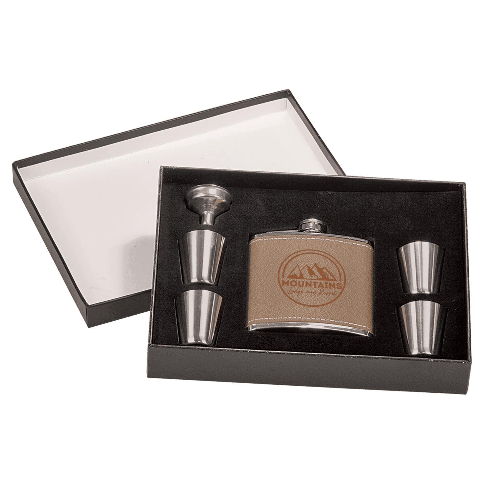 6 oz. Leather Flask Set in Black Presentation Box w/4 Shot Glasses & Funnel