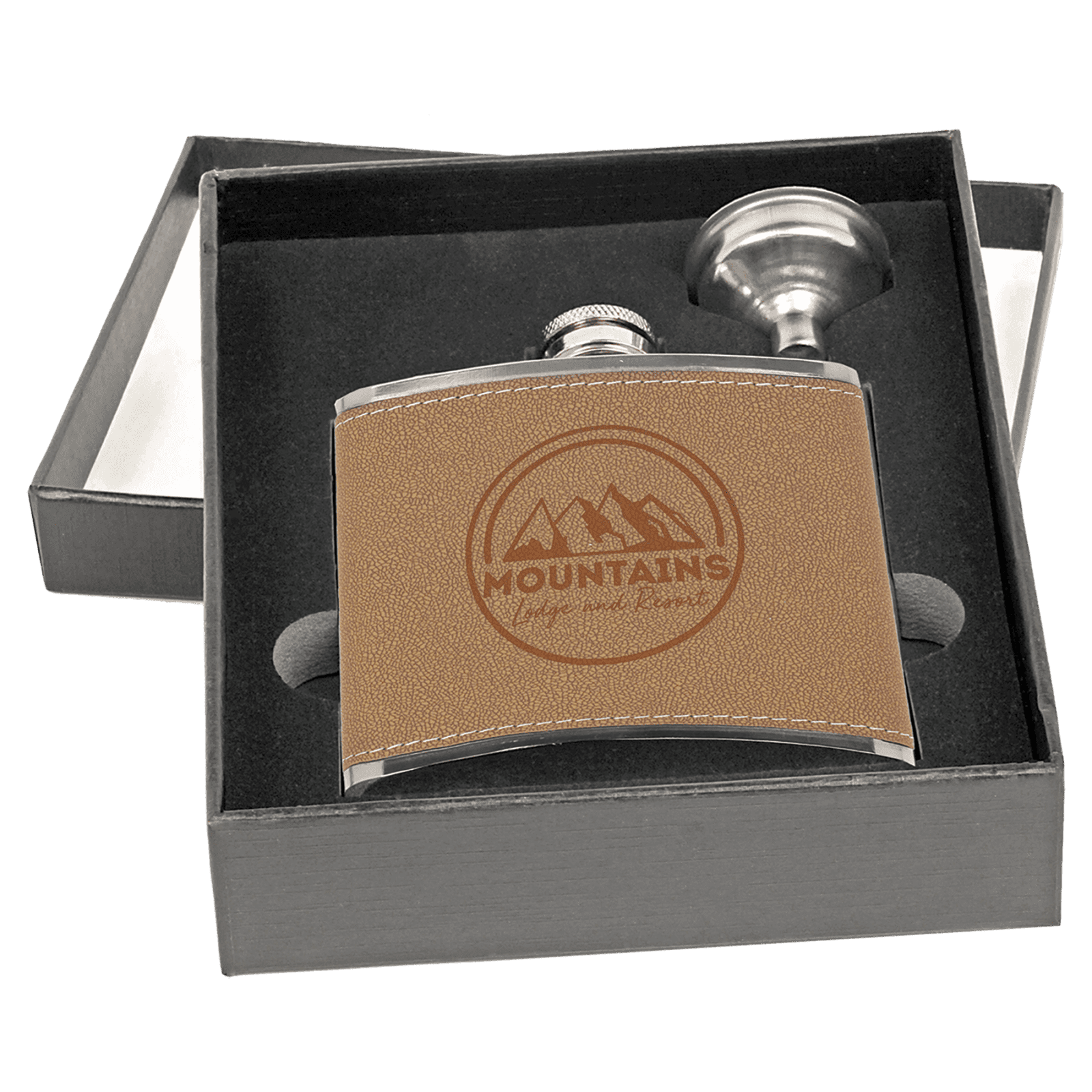 6 oz. Leather Stainless Steel Flask Gift Set in Black Box with Funnel