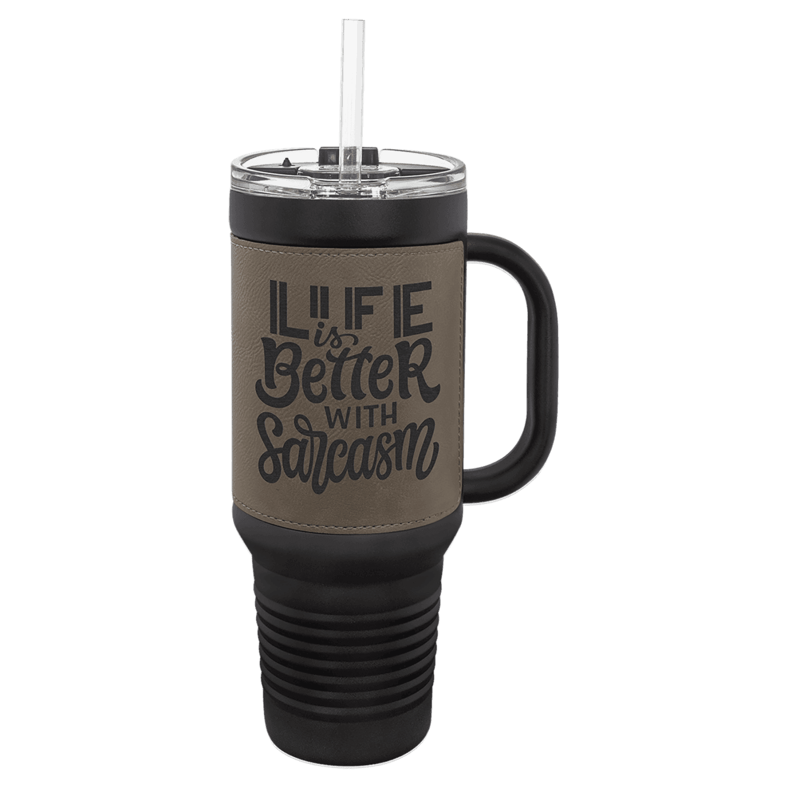 Polar Camel Black with Gray Leatherette 40 oz. Travel Mug with Straw