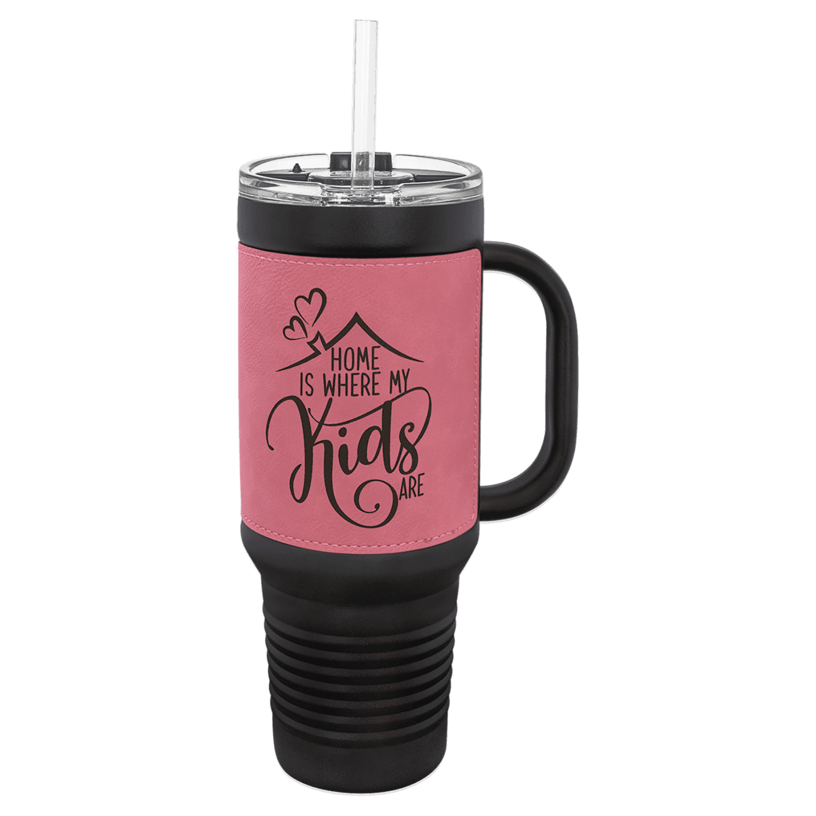 Polar Camel Black with Pink Leatherette 40 oz. Travel Mug with Straw