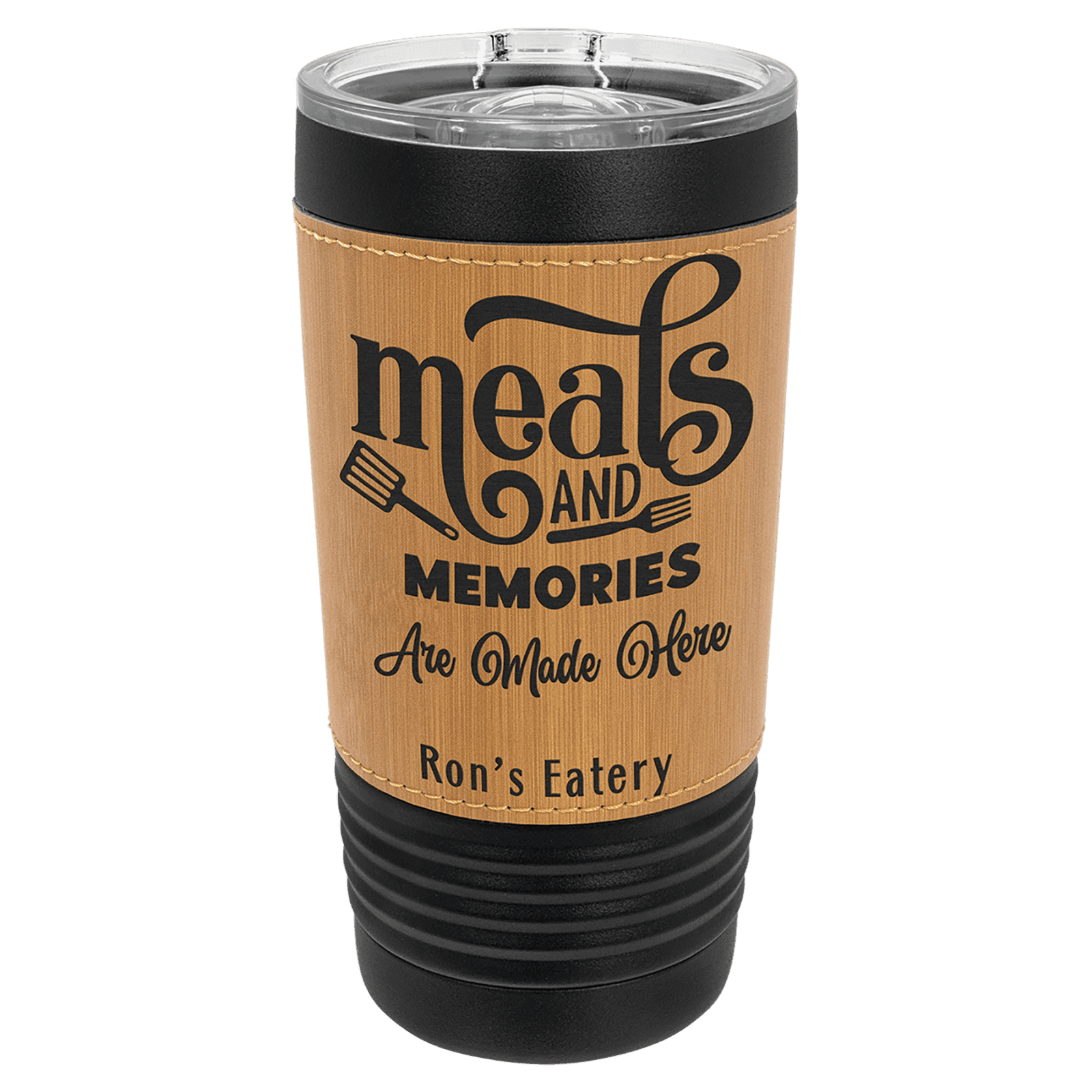 Black with Bamboo Leatherette Wrapped 20 oz. Polar Camel with Slider Lid