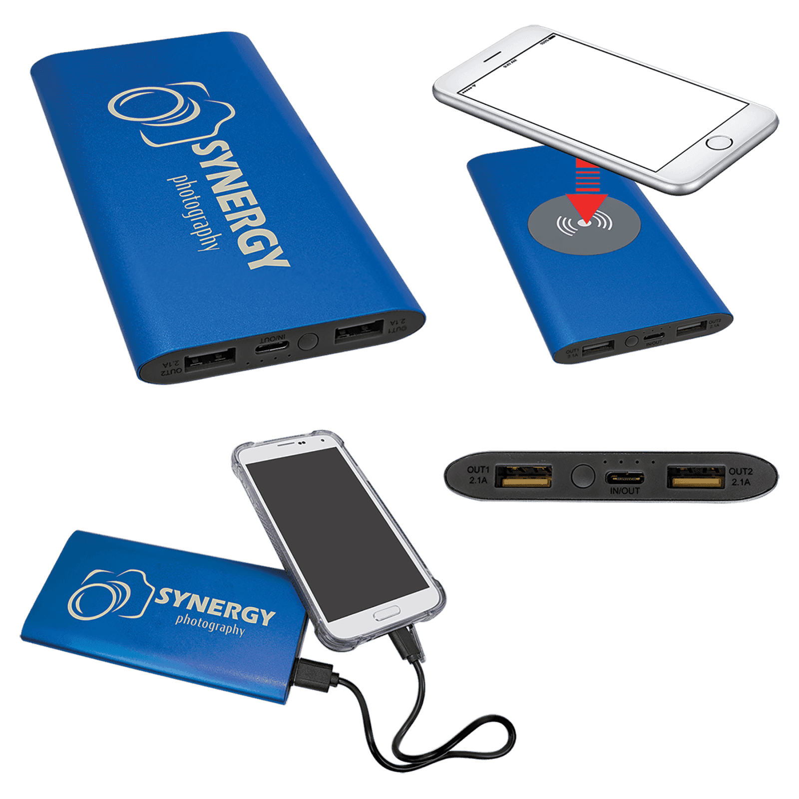 Blue 8000MAH Power Bank & Wireless Anodized Aluminum Charger with USB-C Cord