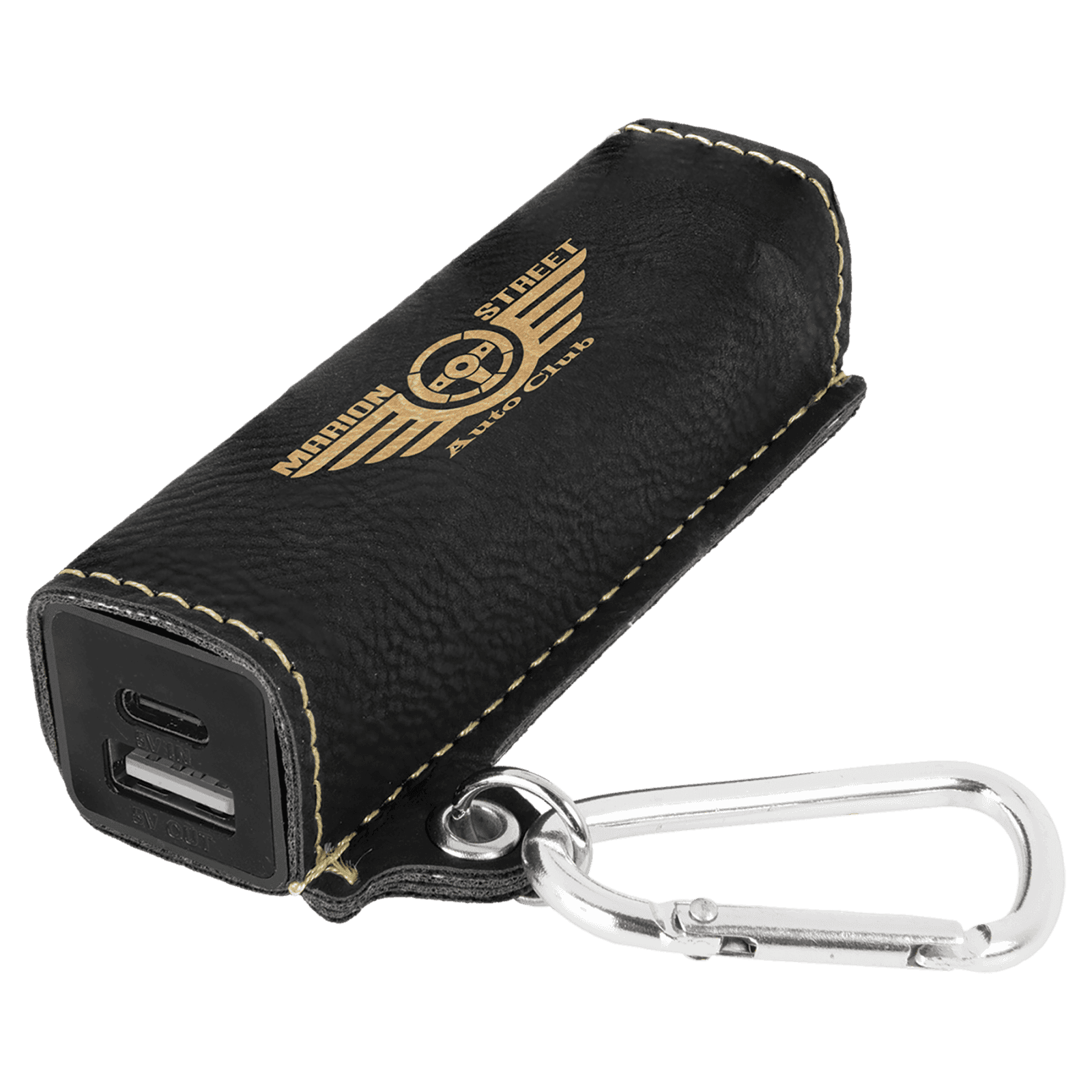 Black/Gold Leatherette 2200mAh Power Bank with USB-C Charging Cord and Carabiner