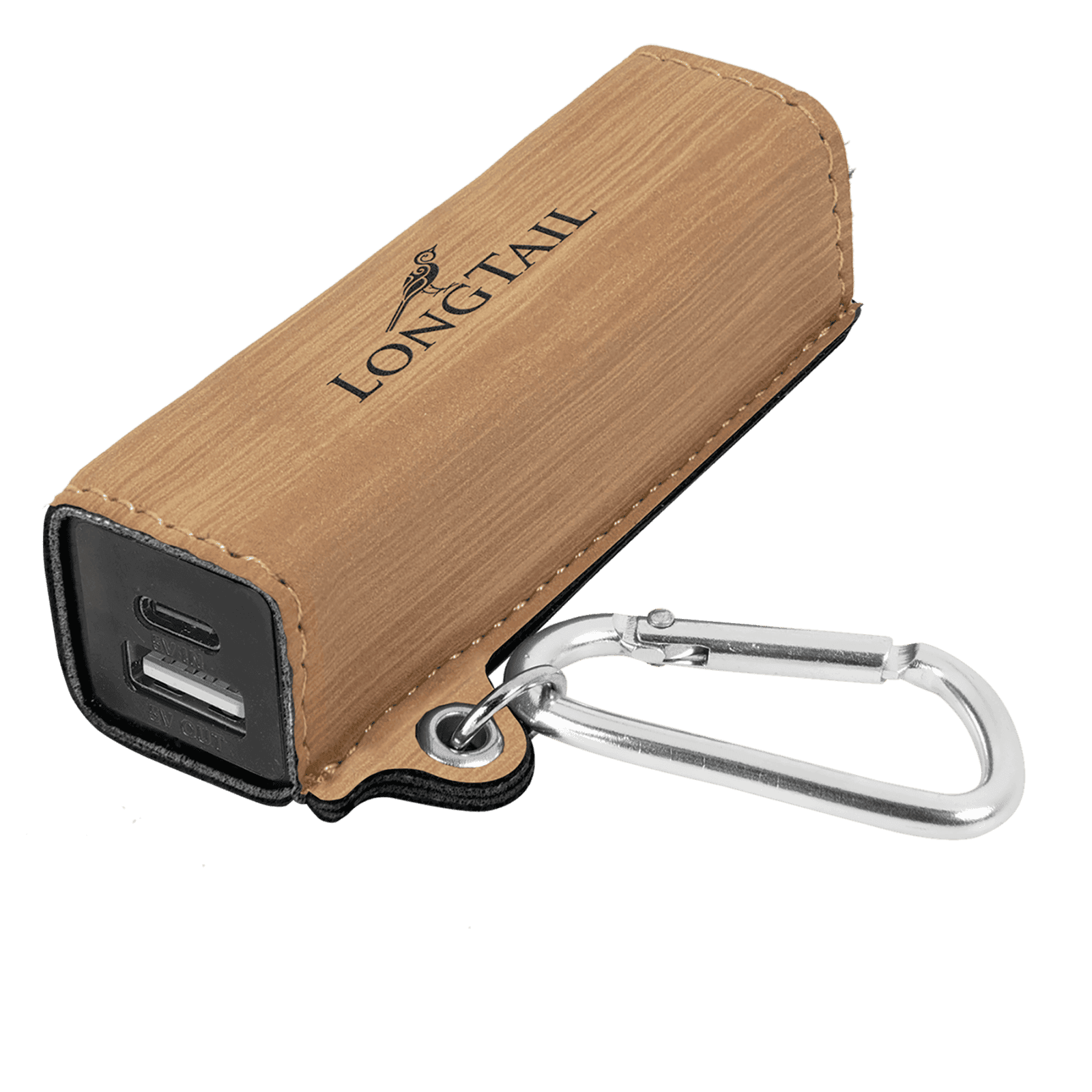 Bamboo Leatherette 2200mAh Power Bank with USB-C Charging Cord and Carabiner