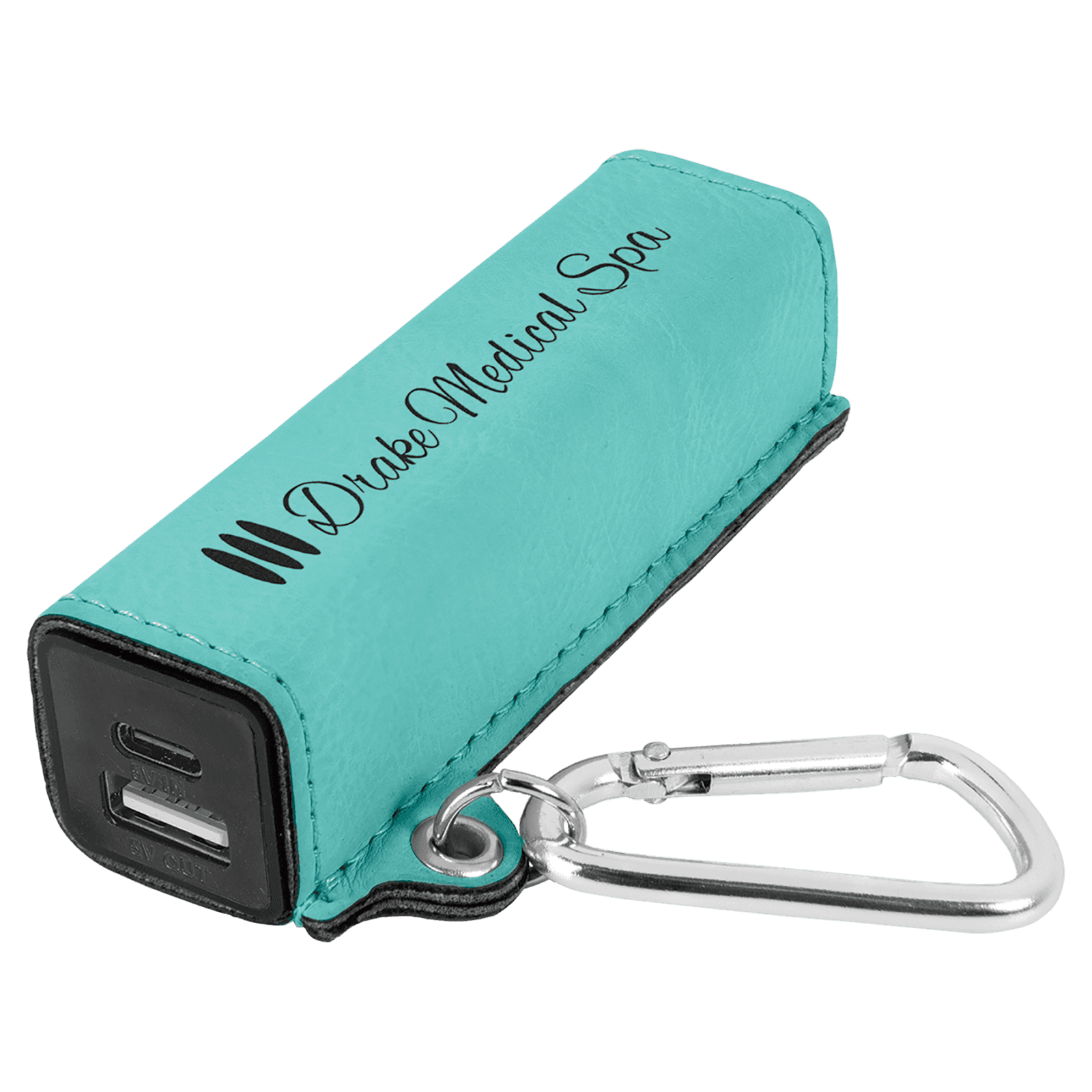 Teal Leatherette 2200mAh Power Bank with USB-C Charging Cord & Carabiner