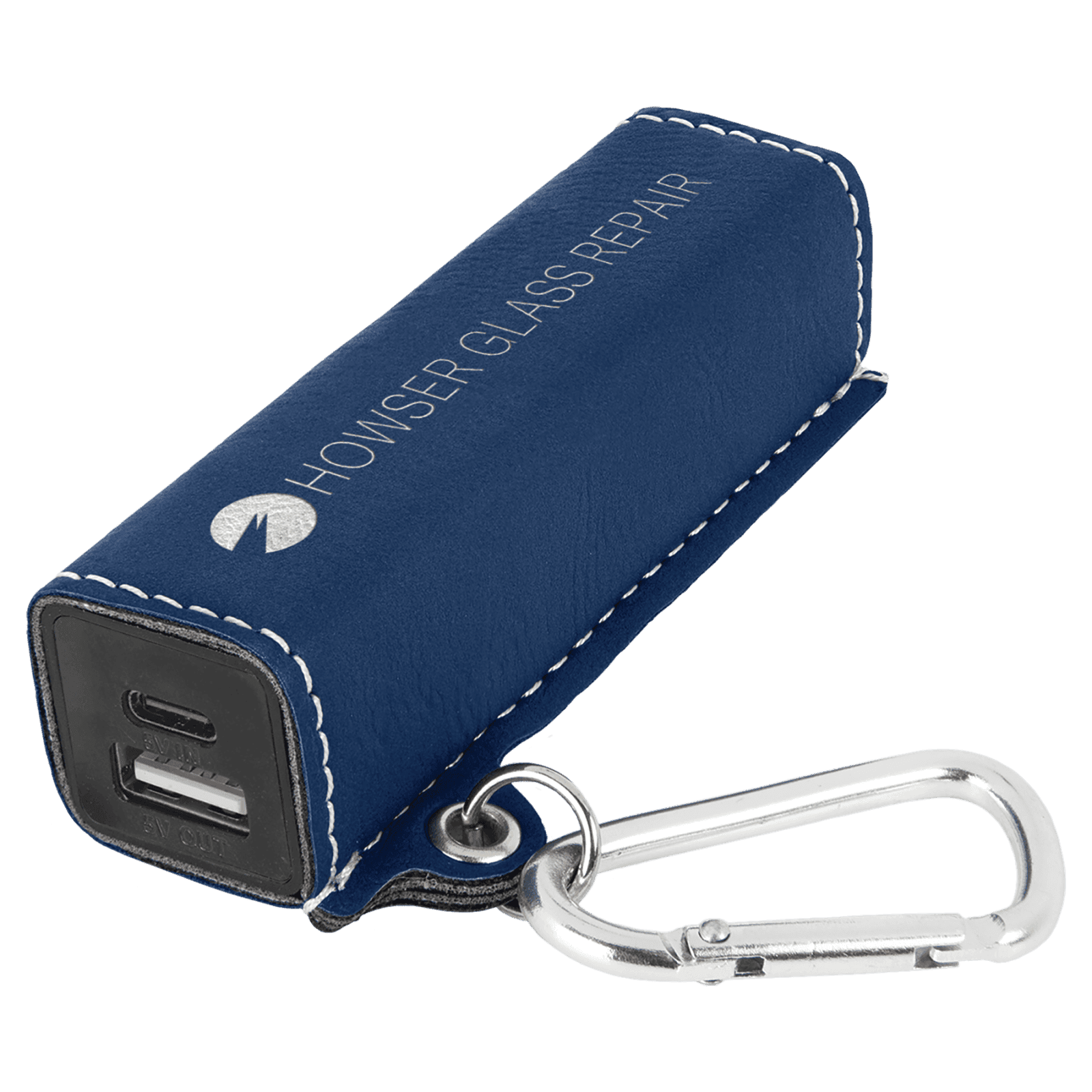 Blue/Silver Leatherette 2200mAh Power Bank with USB-C Charging Cord & Carabiner
