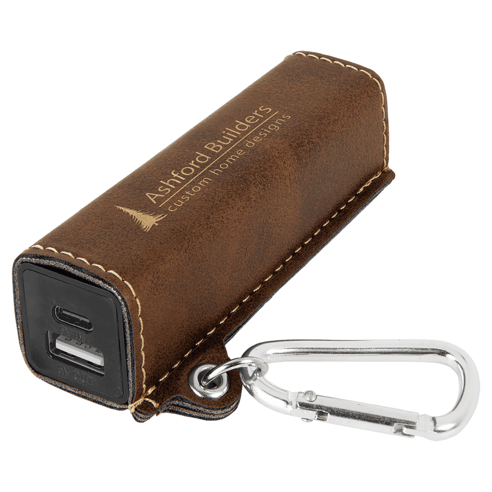 Rustic/Gold Leatherette 2200mAh Power Bank with USB-C Charging Cord & Carabiner