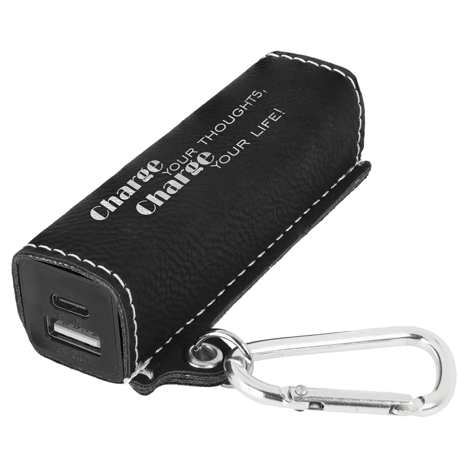 Black/Silver Leatherette 2200mAh Power Bank with USB-C Charging Cord & Carabiner