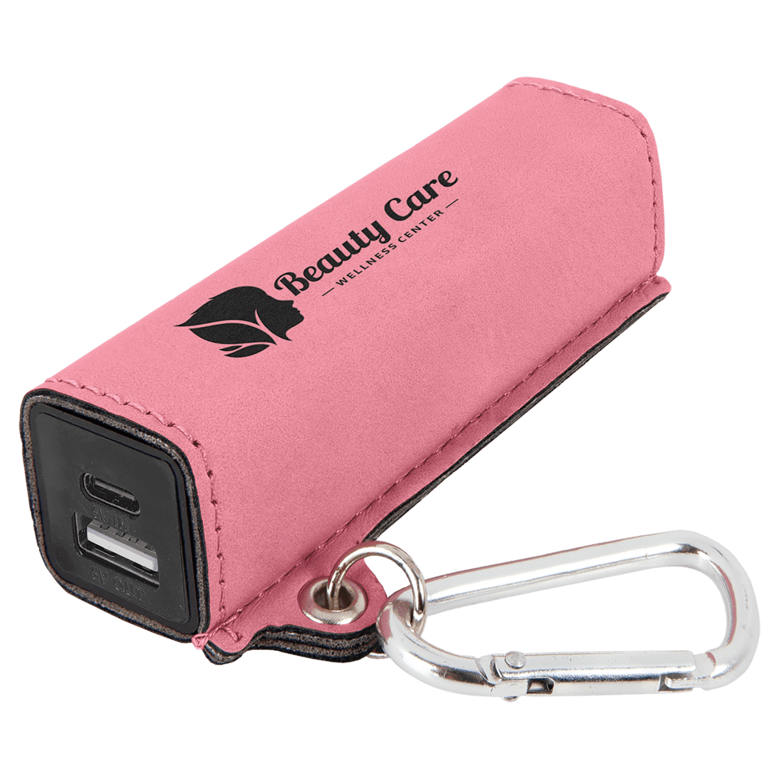 Pink Leatherette 2200mAh Power Bank with USB-C Charging Cord and Carabiner