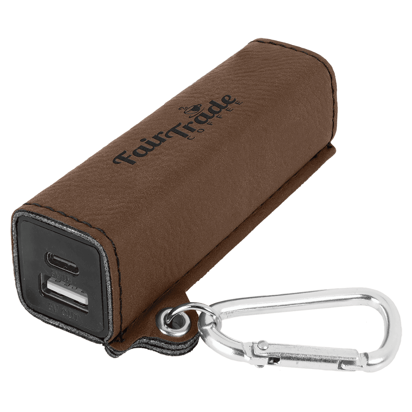 Dark Brown Leatherette 2200mAh Power Bank with USB-C Charging Cord and Carabiner