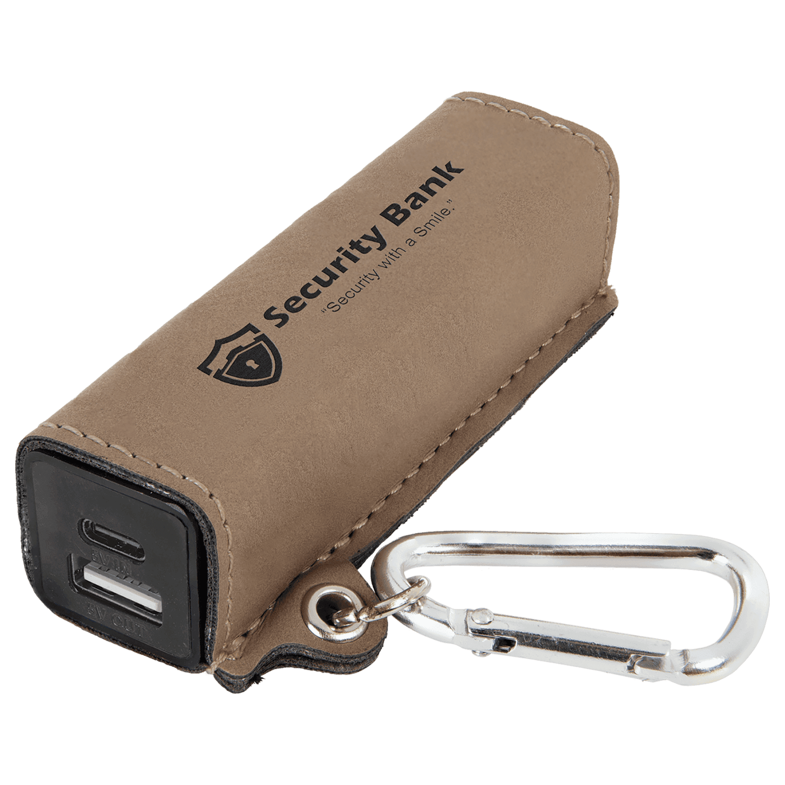 Light Brown Leatherette 2200mAh Power Bank with USB-C Charging Cord & Carabiner