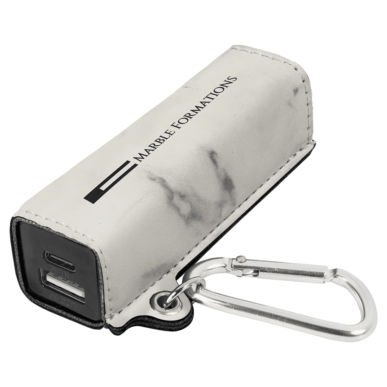 White Marble Leatherette 2200mAh Power Bank with USB-C Charging Cord & Carabiner