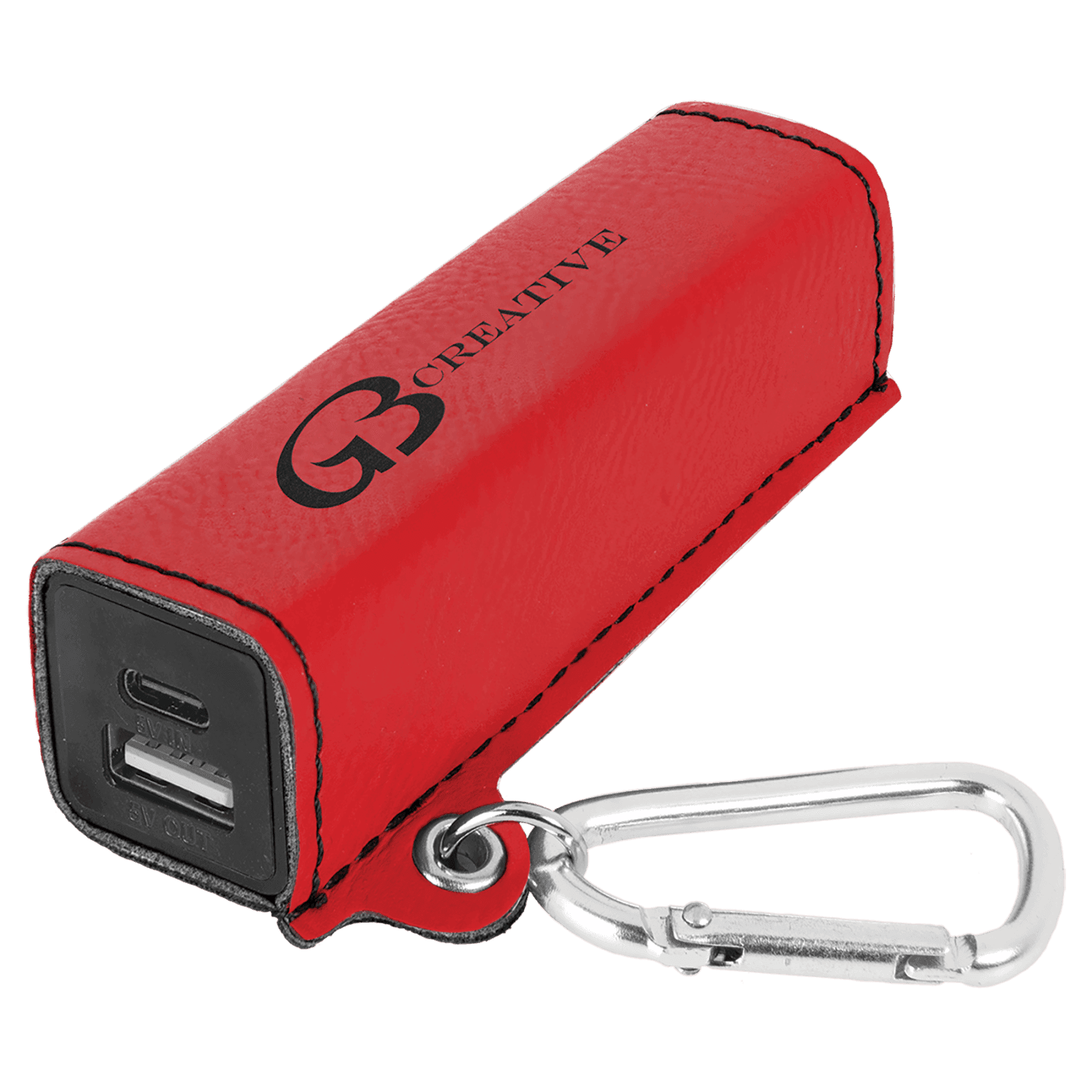 Red Leatherette 2200mAh Power Bank with USB-C Charging Cord and Carabiner