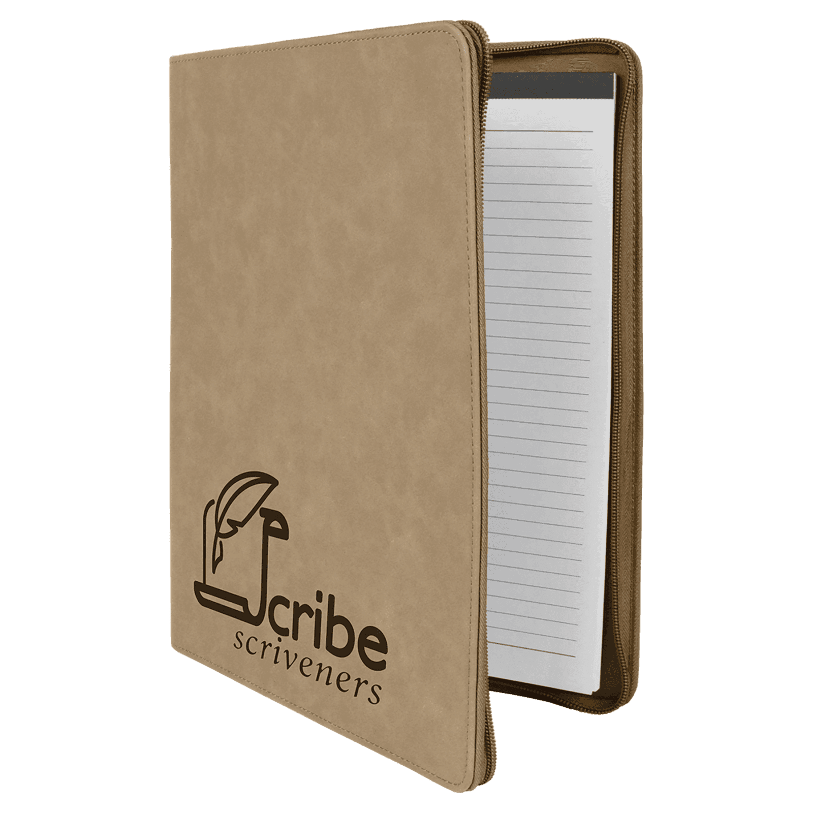 Light Brown Leatherette Portfolio with Zipper and Notepad