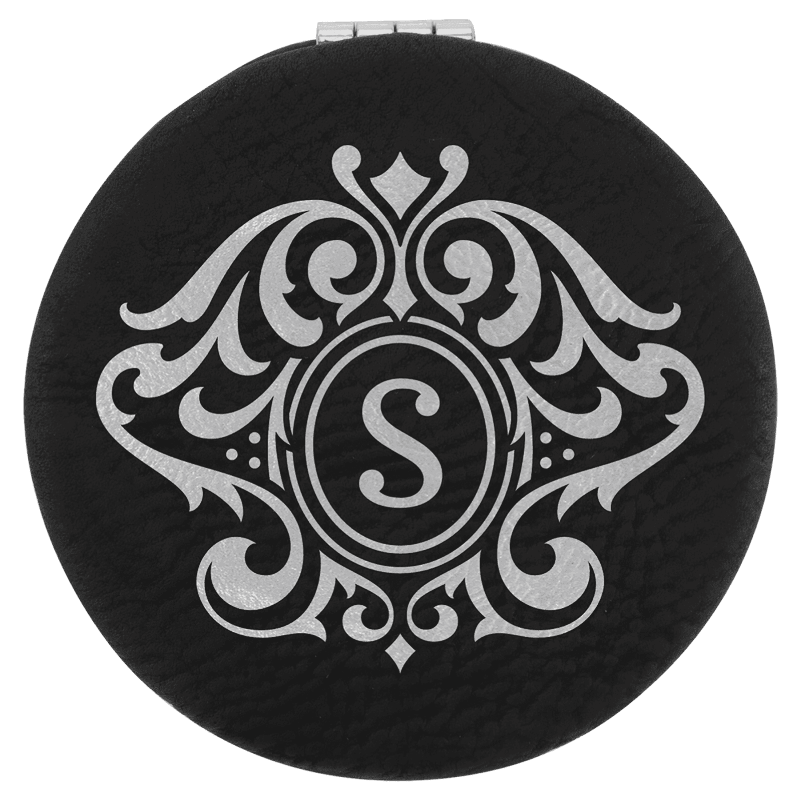 Black/Silver Lasered Leatherette Compact Mirror